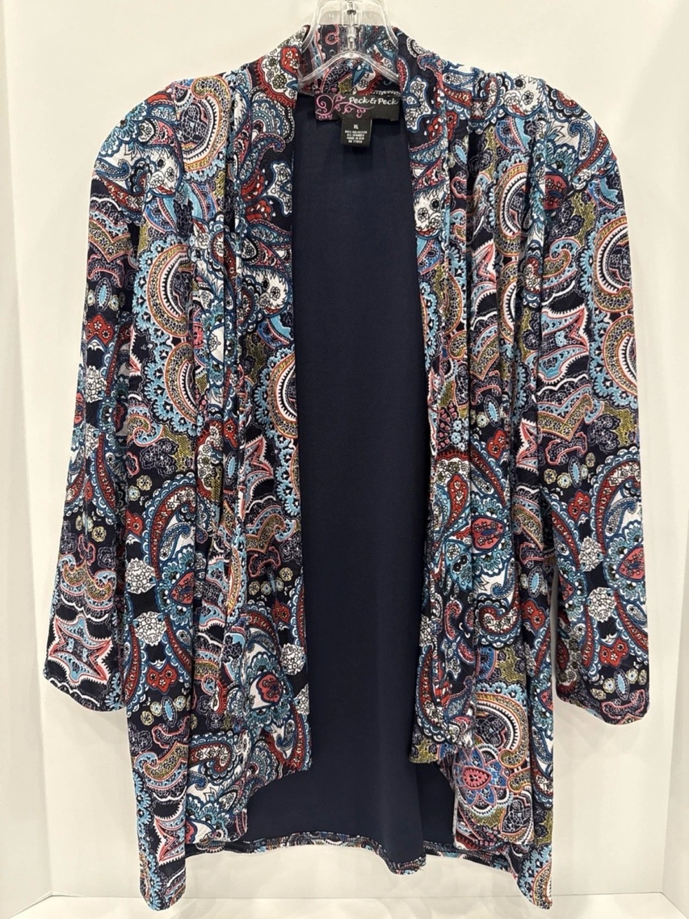 Peck & Peck Women's XL 3/4 Sleeve Open Front Cardigan Blue Multi Paisley